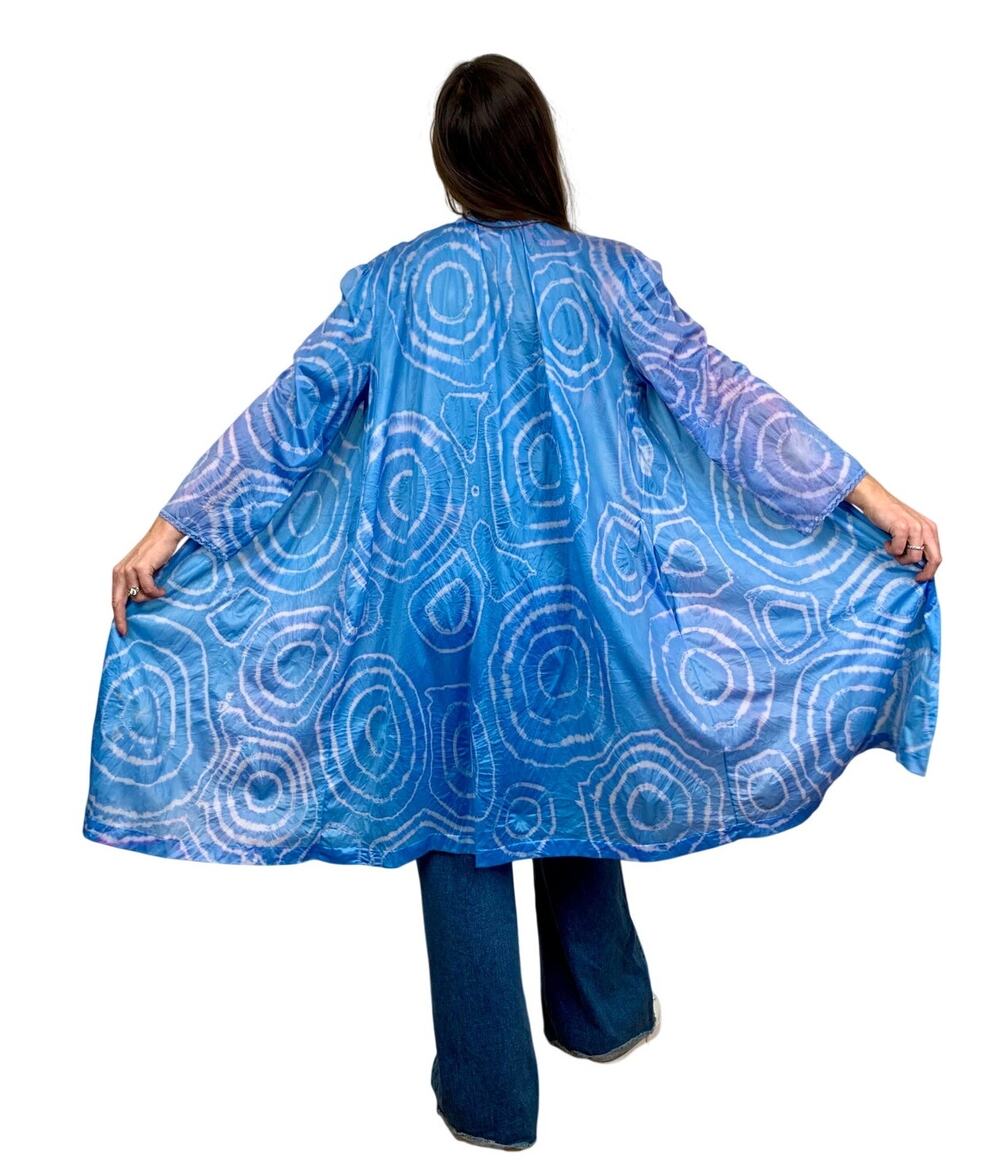 Vintage Shibori Hand Dyed Nylon Robe Duster Blue Upcycled Boho Festival Kimono
